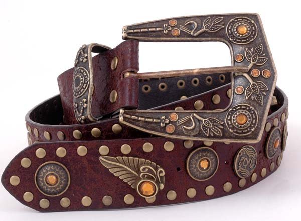 Brown Brass Leaf Rhinestone Leather Fashion Belt 41"