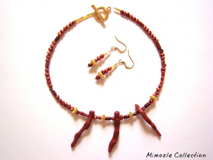 RED FRESHWATER PEARL & NATURAL RED CORAL CHOKER SET