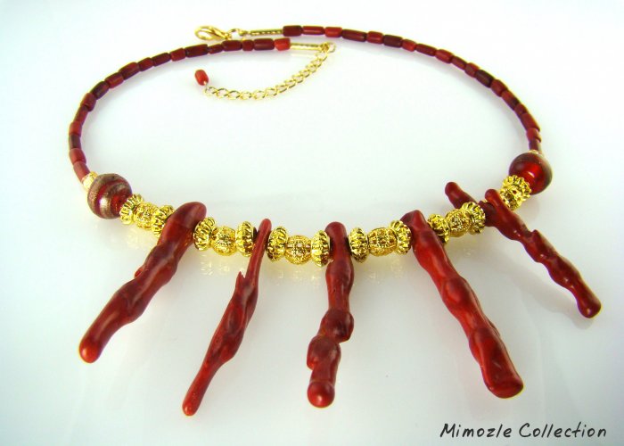 LONG SPONGE CORAL BRANCH GOLD CHOKER NECKLACE EARRINGS