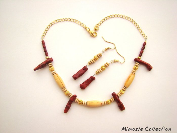 RED CORAL & BONE BEADS GOLD CHAIN NECKLACE JEWELRY SET