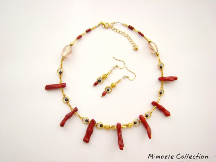 BLACK TOURMALINE & CORAL CHOKER NECKLACE & EARRINGS SET