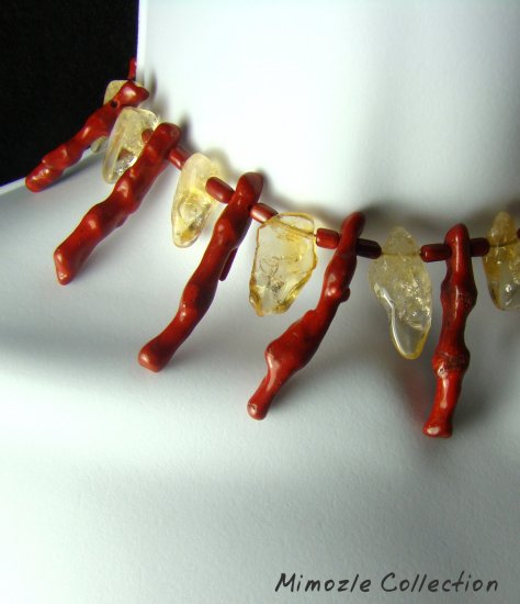 NATURAL CITRINE & RED SPONGE CORAL CHOKER & EARRINGS