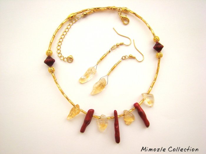 NATURAL CITRINE CORAL GOLD TONE NECKLACE & EARRINGS SET