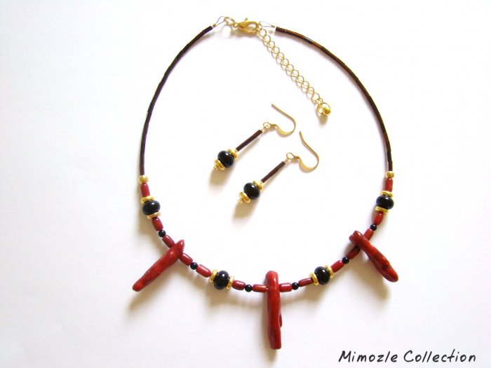 BLACK TOURMALINE & CORAL CHOKER NECKLACE & EARRINGS SET