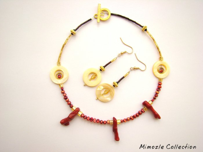 RED PEARL & CORAL BRANCH CHOKER NECKLACE & EARRING SET