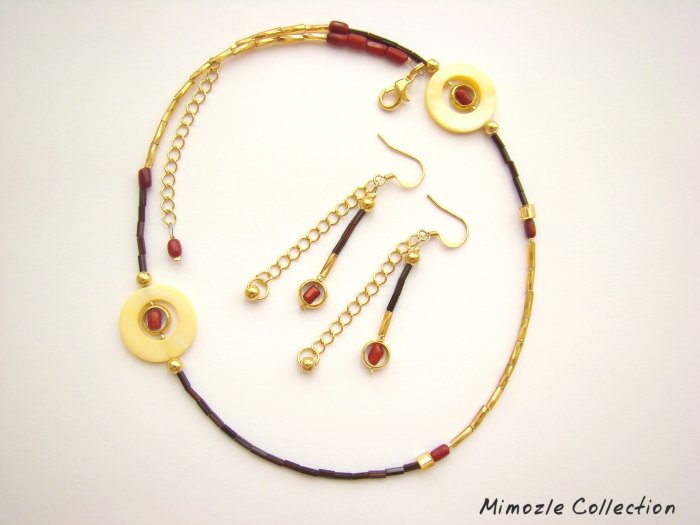RED CORAL & SHELL CHOKER NECKLACE & EARRINGS SET