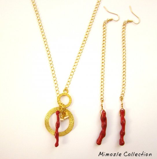 RED CORAL CIRCLE CHARM NECKLACE & EXTRA LONG EARRINGS