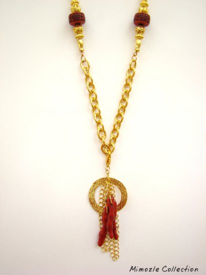 RED SPONGE CORAL CHARM with VINTAGE STYLE LONG NECKLACE