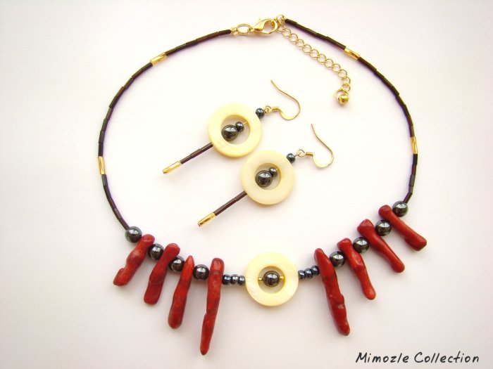 RED CORAL & METALLIC CHOKER NECKLACE & EARRINGS SET