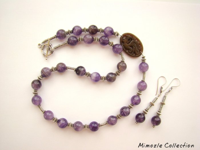 12MM AMETHYST AGATE STERLING SILVER NECKLACE & EARRINGS SET