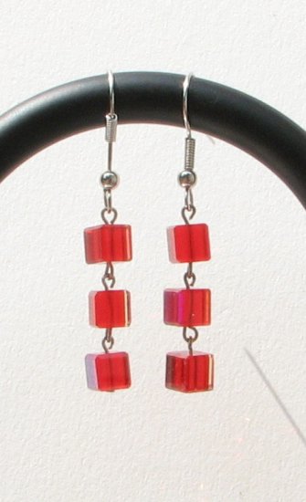 Red Square Cube Glass Dangle Wire Handmade Artisan Earrings
