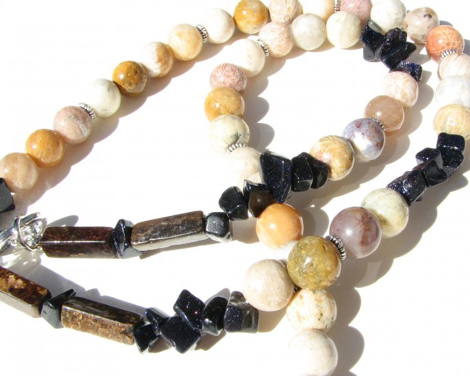 Coral Fossil White/Yellow Tones Blue Goldstone Chips Brown Bronzite Handmade Artisan Necklace