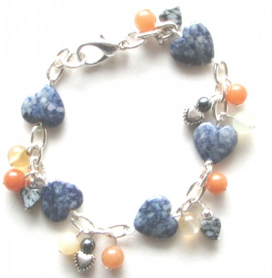 Blue Hearts Handmade Artisan Charm Bracelet Fossil Coral,Obsidian, Silverplated