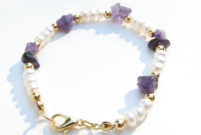 Freshwater Pearl Amethyst Chip Handmade Artisan Bracelet