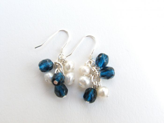 Freshwater Pearl and Blue Glass Handmade Cluster Earrings Sterling Wires