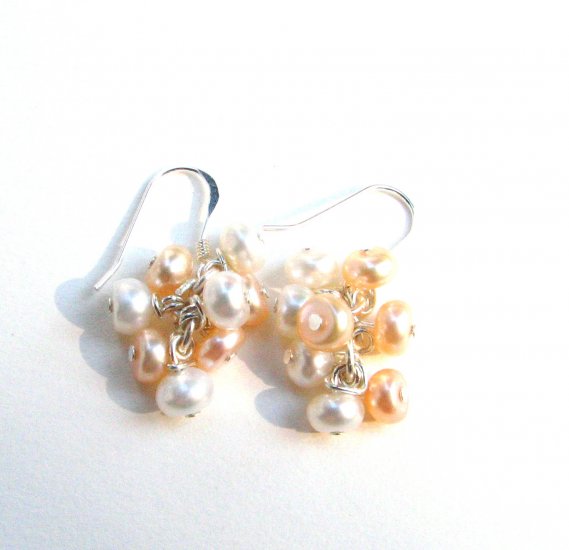 Peaches and Cream Freshwater Pearl Cluster Handmade Artisan Earrings Sterling Silver Wires