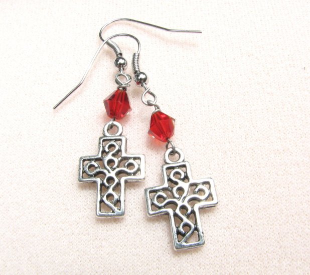 Cross Dangle Handmade Earrings with Red Crystal