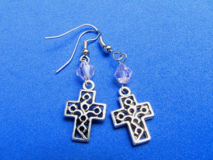 Cross Dangle Handmade Earrings with Pink Crystal
