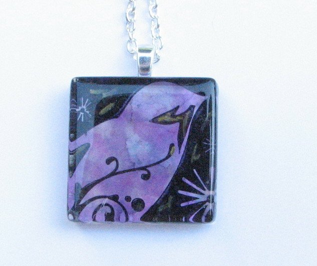 Purple Blue Black Bird Handmade Glass Tile Pendant