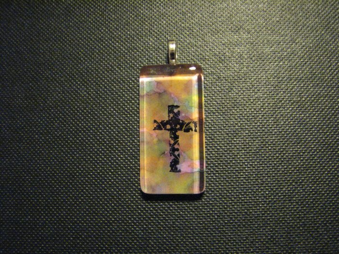 Cross on Multi Color Background Handmade Glass TIle Pendant