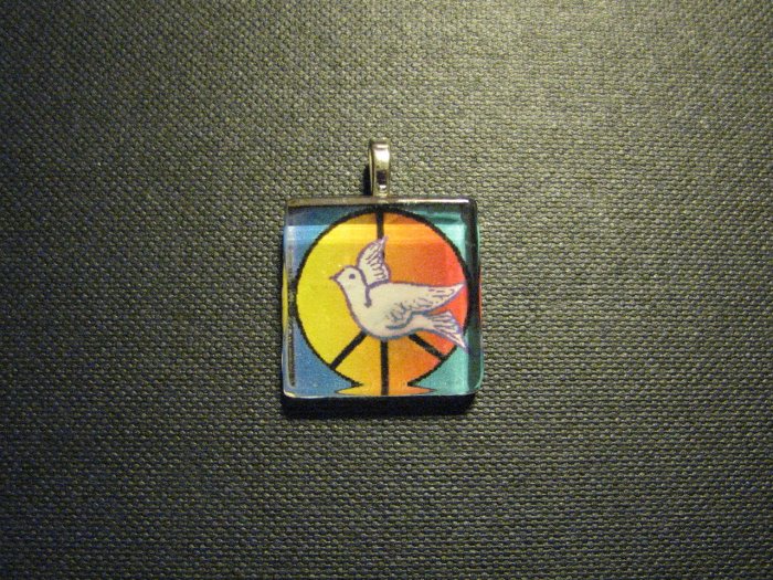Peace Symbol and Dove Handmade Glass Tile Pendant
