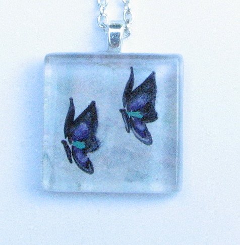 Two Butterflies Handmade Glass Tile Pendant with Purple, Green, Blue