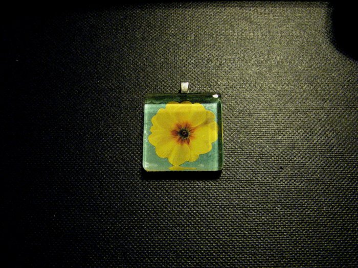 Yellow Primrose Blue Green Background Handmade Glass Tile Pendant