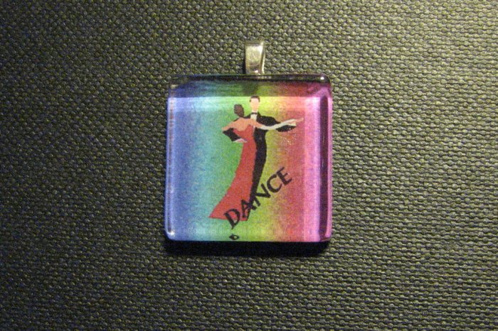 Ballroom Dance Couple on Rainbow Background Handmade Glass Tile Pendant