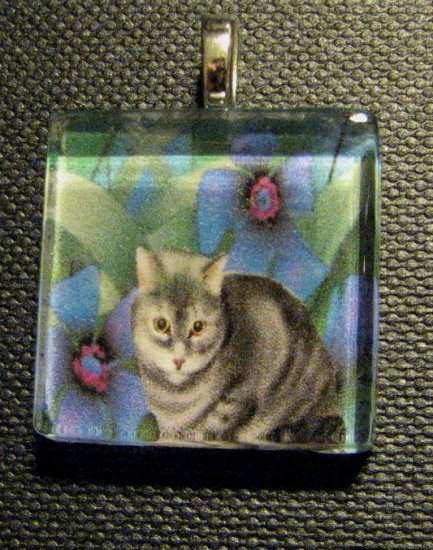 Cat with Purple Flowers Handmade Glass Tile Pendant