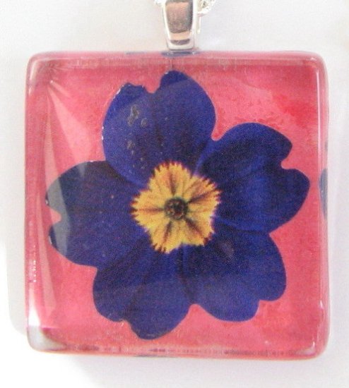Blue Primrose Handmade Glass Tile Pendant