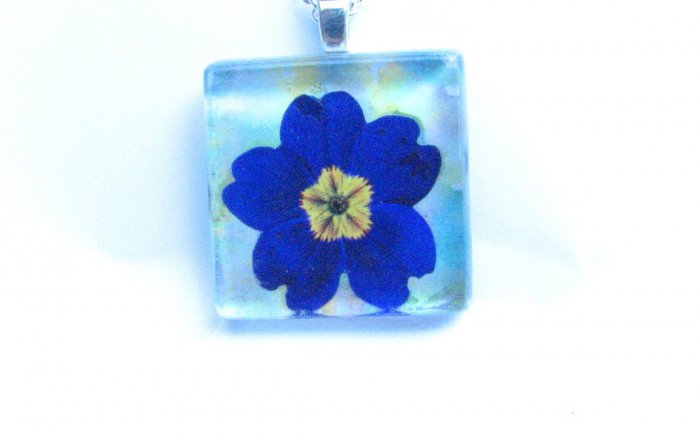 Purple Blue Primrose on Blue Green Background Handmade Glass Tile Pendant
