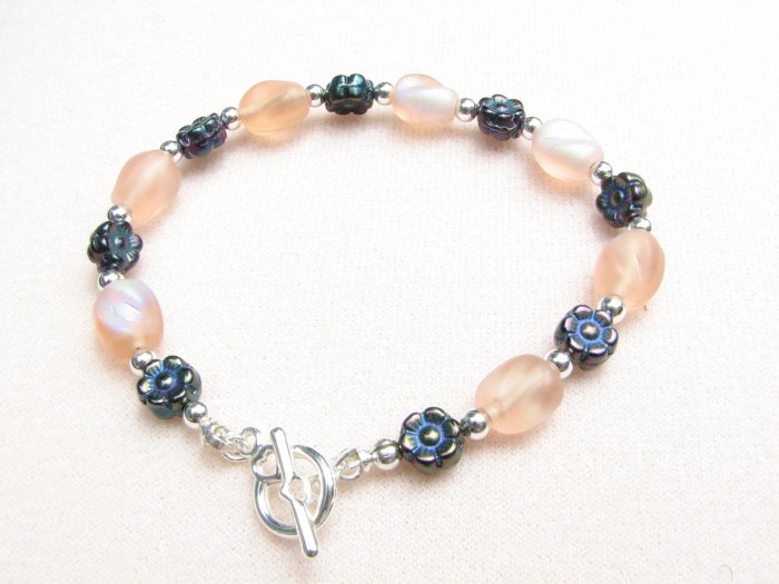 Peach Handmade Bracelet with Black Flowers