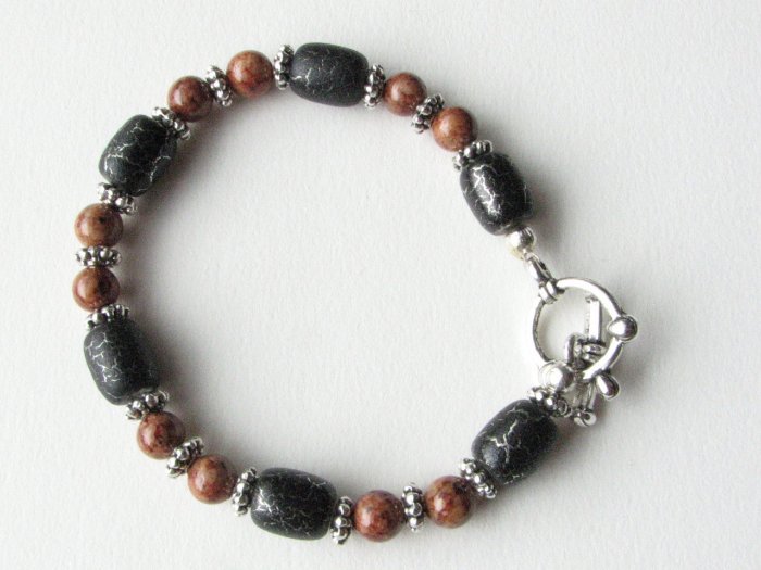 Black with Silver Streak and Caramel Fossil Coral Handmade Bracelet