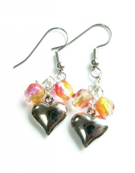 Puffed Heart Drop Handmade Earrings with Pink Yellow Beads