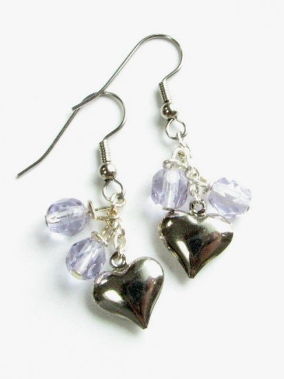 Puffed Heart Drop Handmade Earrings with Purple Lilac Beads