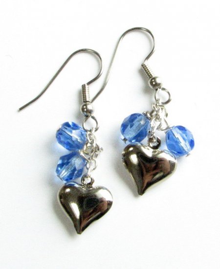 Puffed Heart Drop Handmade Earrings with Blue Beads