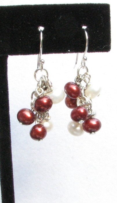 Cranberry and White Freshwater Pearl Cluster Handmade Artisan Earrings Sterling Silver Wires