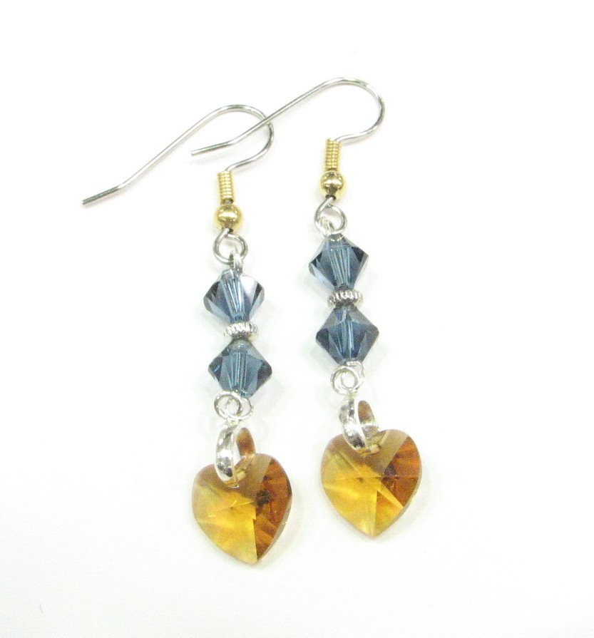 Golden Honey Hearts with Montana Blue Crystal Swarovski Handmade Earrings