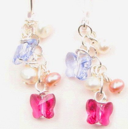 Swarovski Butterfly and Freshwater Pearl Handmade Artisan Cluster Earrings