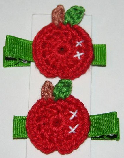 Pair Of Crocheted Red Apple Hair Clips For Baby/Toddler