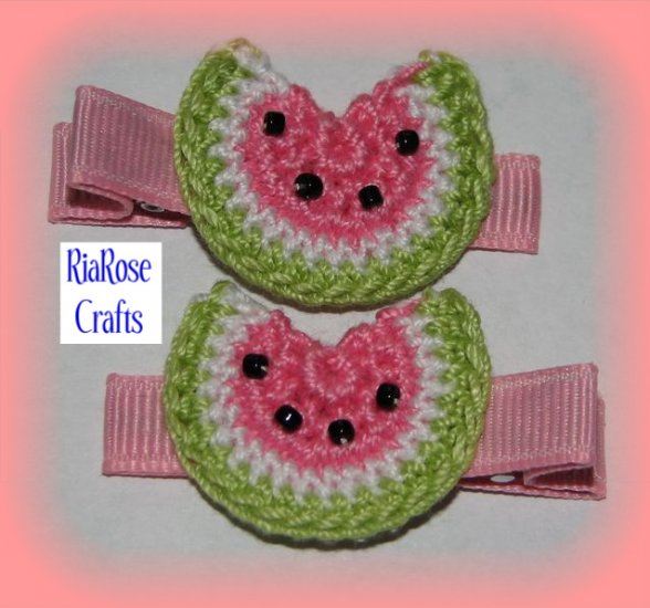 Pair Of Pretty Pink Crocheted Watermelon Hair Clips For Baby/Toddler