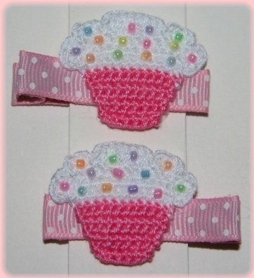 Pair Of Crocheted Pink/White Top Cupcake Hair Clips For Baby/Toddler