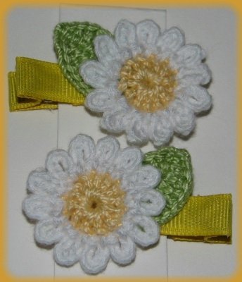 Pair Crocheted White Daisy Flower Hair Alligator Clips For Baby/Toddler