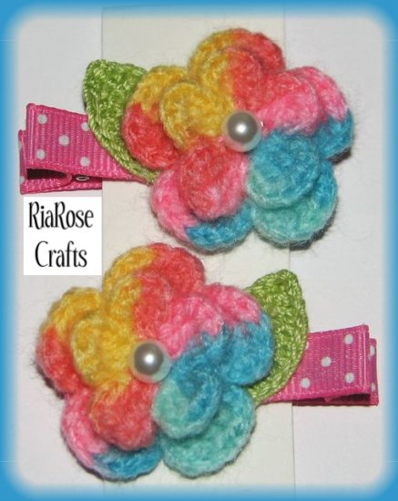 Pair Crocheted Multicolor Flower Hair Alligator Clips For Baby/Toddler