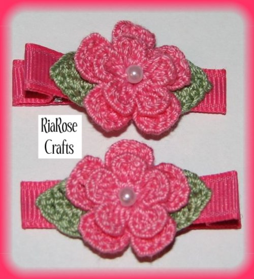 Pair Crocheted Hot Pink Flower Hair Alligator Clips For Baby/Toddler
