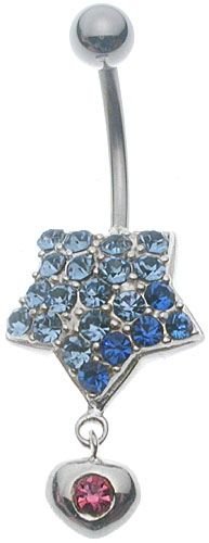 Sterling Silver Belly Star Blue CZECH Crystals and Sterling Silver Heart Dangle