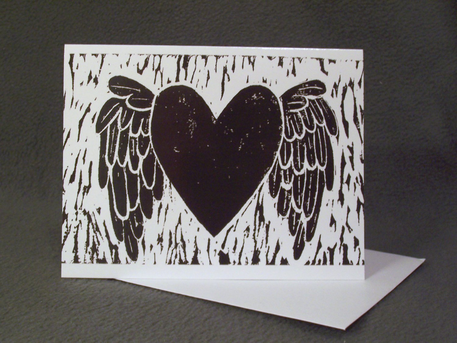 4 Blank Greeting Cards Notecards- "My Heart Has Wings"- Linoleum Print Artwork
