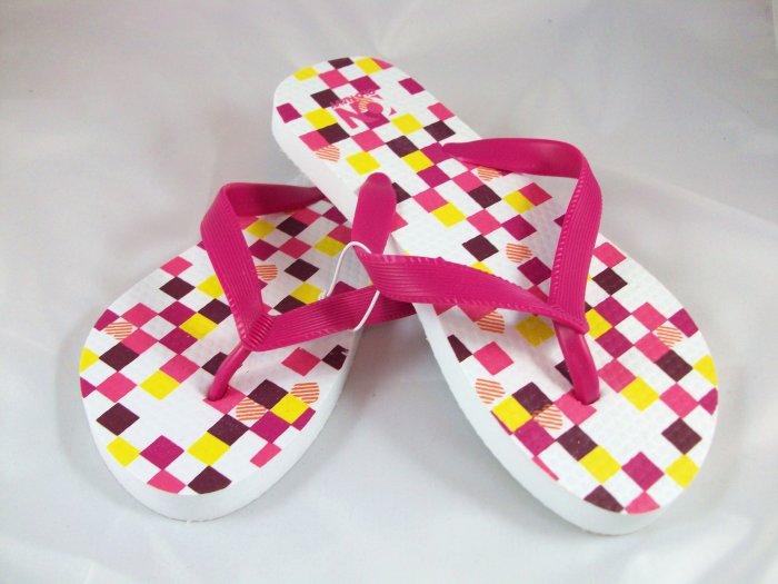 Girl's Pink/Multi Checked Flip Flops - Size 3/4