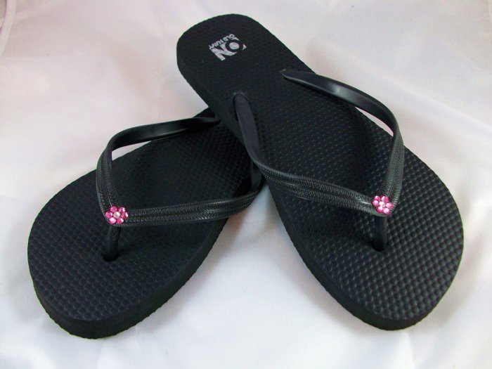 Women's Black W/Pink Flower Flip Flops - Size 8