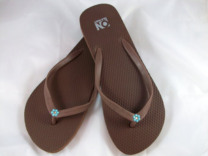 Women's Brown W/Turquoise Flower Flip Flops - Size 8